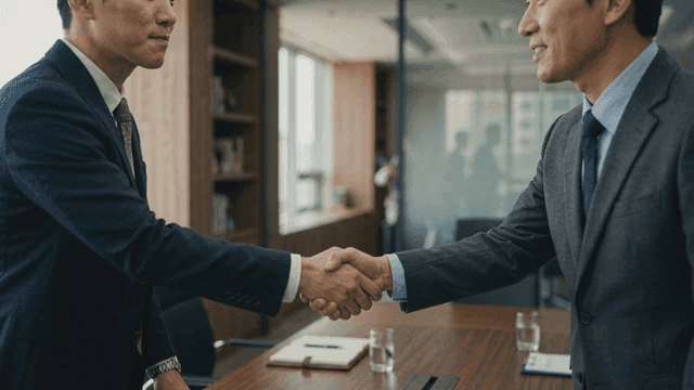 Two businessmen shaking hands in an office