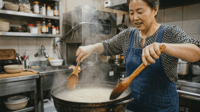 Woman cooking kalguksu in kitchen