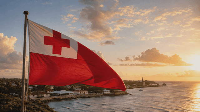 Flag of Kingdom of Tonga fluttering on seashore at sunset