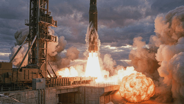 Rocket launching amidst clouds and smoke