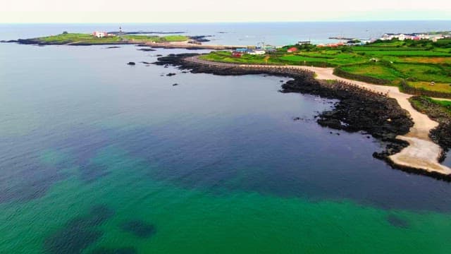 Coastal village with green fields and colorful homes along a winding road by the sea