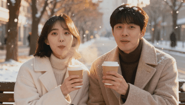 눈 내리는 날 공원 벤치에서 따듯한 커피를 즐기는 커플