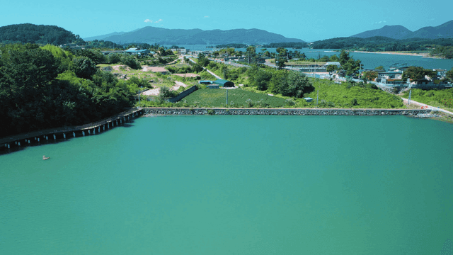 Quiet coastal village surrounded by lush forest