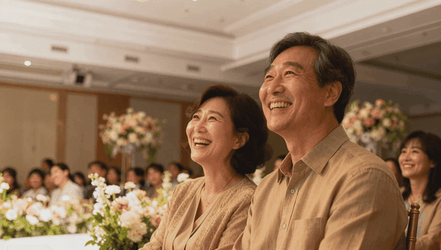 Middle-aged couple smiling happily as wedding guests