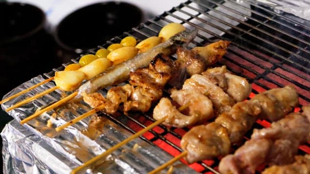 Skewered meat grilling over hot coals