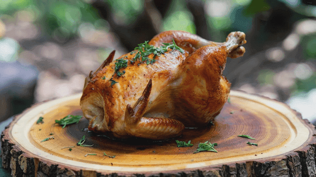 Roasted chicken placed on tree stump