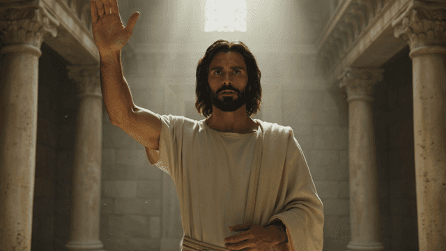Jesus in ancient attire in stone hall