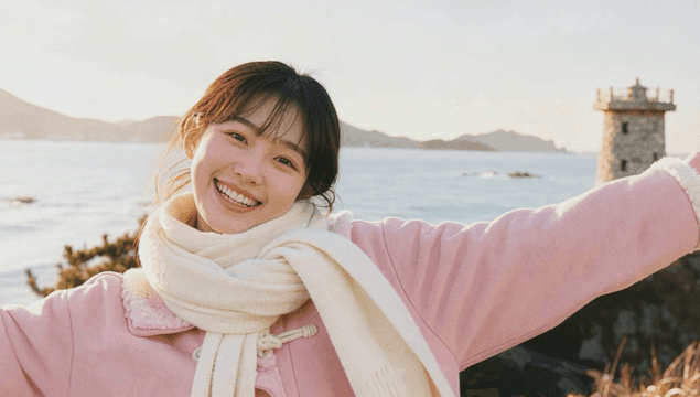 Woman smiling by the seaside lighthouse