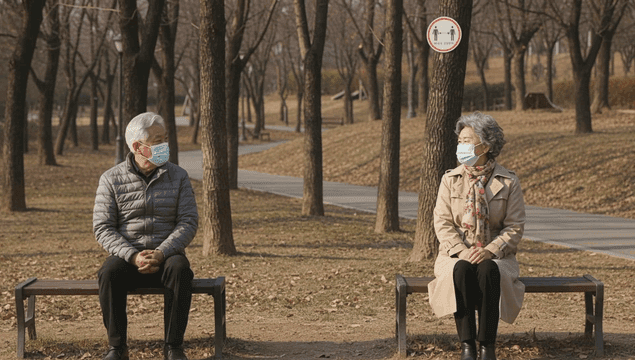 거리두기를 유지하며 공원 벤치에서 휴식하는 마스크 낀 노부부