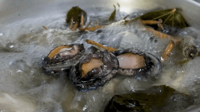 끓는 냄비에 넣는 전복