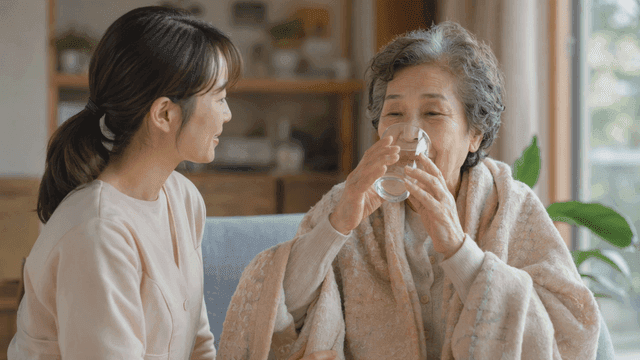 Young woman giving water to elderly person