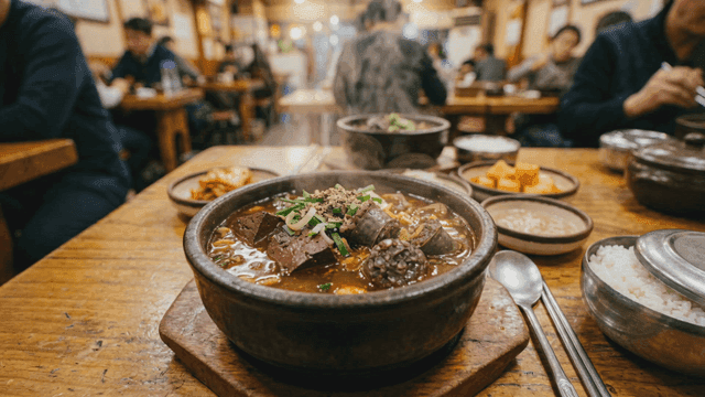 Steaming blood sausage soup in busy restaurant