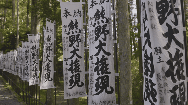 Flag in forest with Japanese Chinese calligraphy