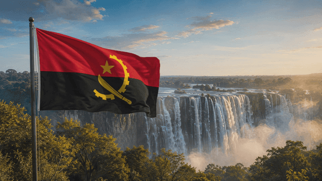 Majestic waterfall with Angolan flag fluttering