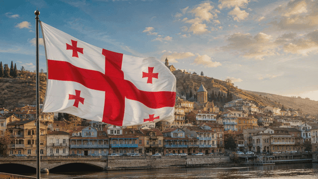 Georgian flag fluttering in wind and city scenery