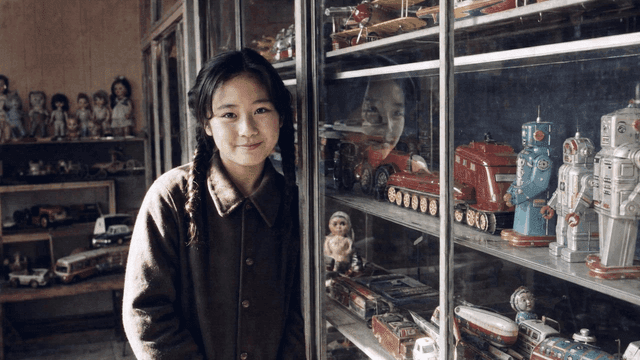 Girl with pigtails on 70s toy shelf