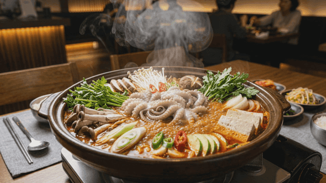 Steaming hot octopus seafood stew