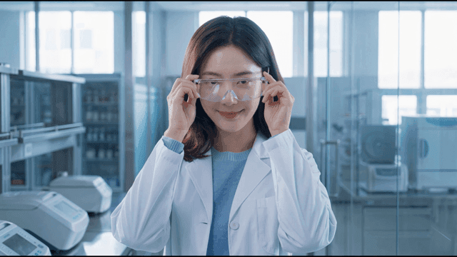 Scientists wearing safety goggles in laboratory