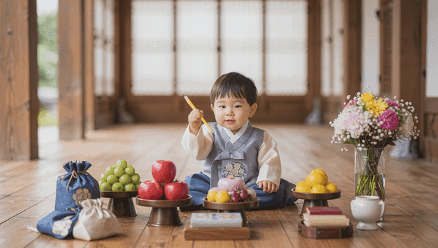 한국 전통 의상을 입은 아기의 돌잔치