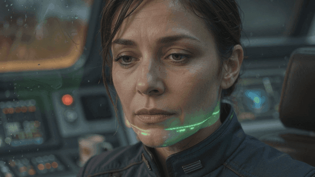 White woman in future cockpit