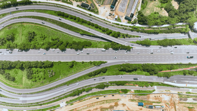 Aerial view of a busy highway interchange