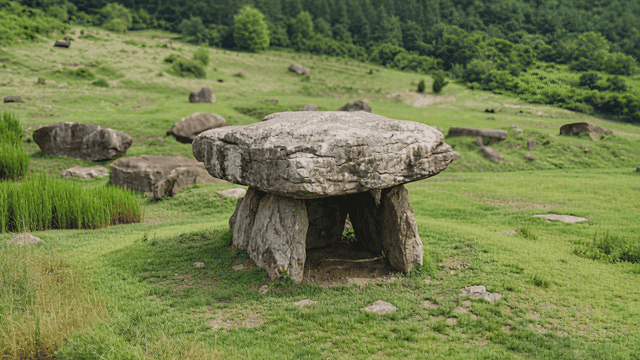 Ancient dolmen in a lush green field