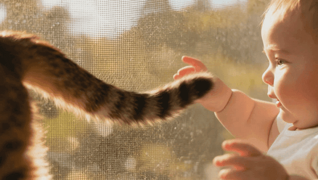 Baby reaching for a cat's tail by a window