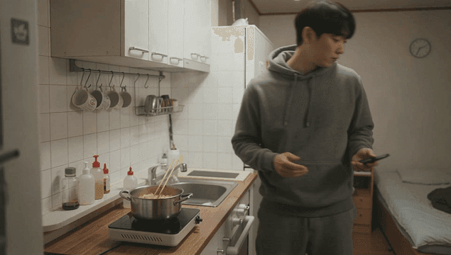 자취방 원룸에서 라면을 요리하는 젊은 남자