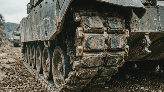 Muddy tank tracks on rough road