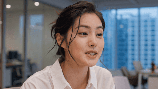 Woman in white shirt talking in office