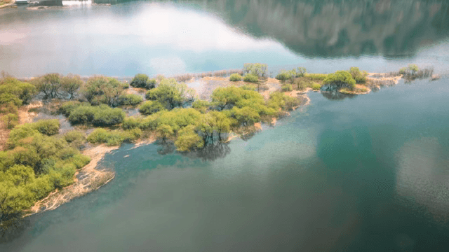 푸른 섬이 있는 고요한 호수