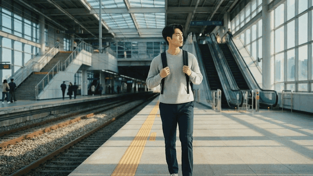 Man waiting at modern train station