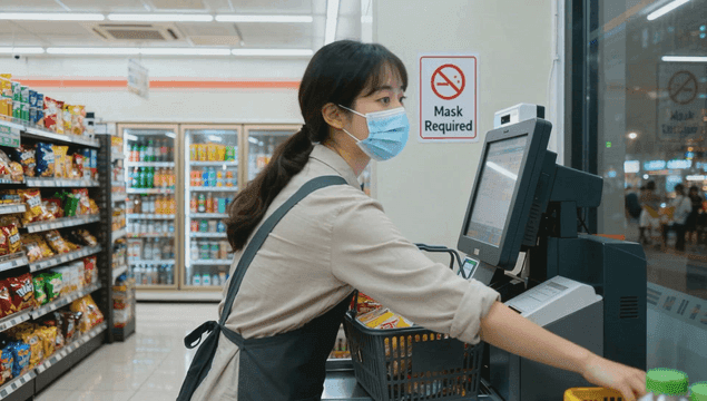 편의점 무인 결제대에서 계산하는 마스크 낀 직원