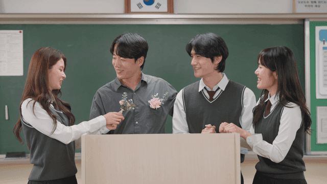 선생님께 꽃을 선물하며 스승의 날을 축하하는 학생들