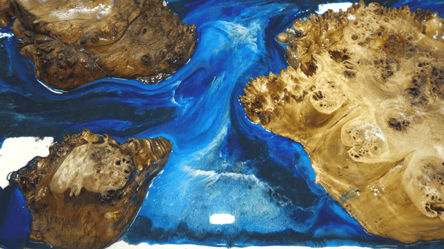Wood and blue resin art piece