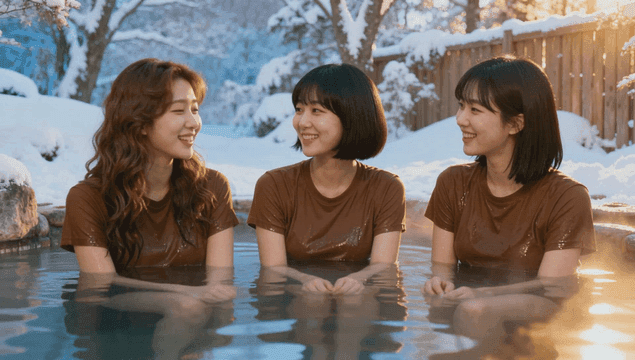 Three friends enjoying a hot spring in winter