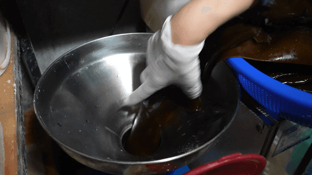Hand putting kelp into chopping machine in kitchen