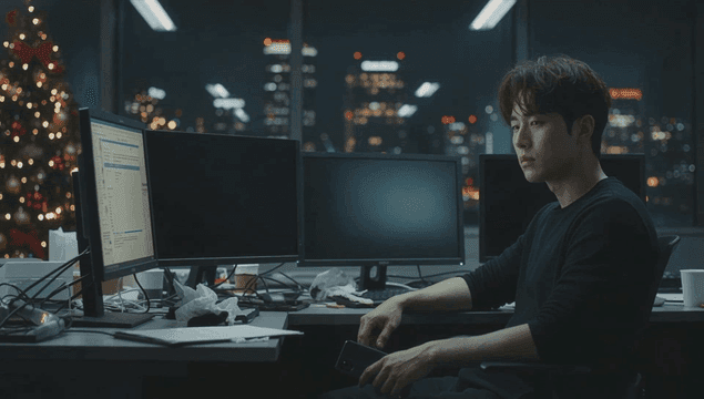 밤에 사무실에서 늦게까지 일하는 남자