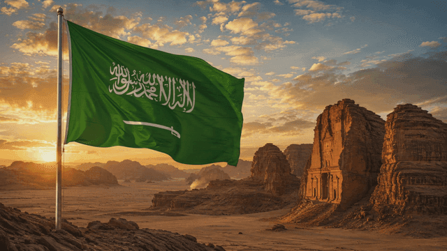 Saudi Arabian flag with ancient rock structures
