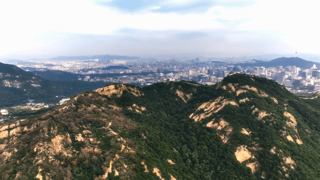 멀리 도시 스카이라인이 보이는 산 풍경