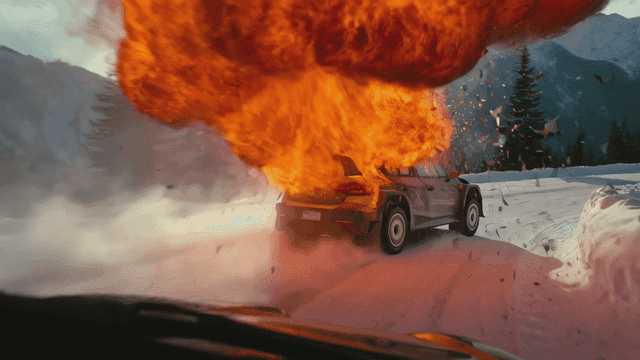 Vehicle exploding in car race on snow-covered mountain road