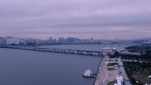 City skyline with rivers and bridges