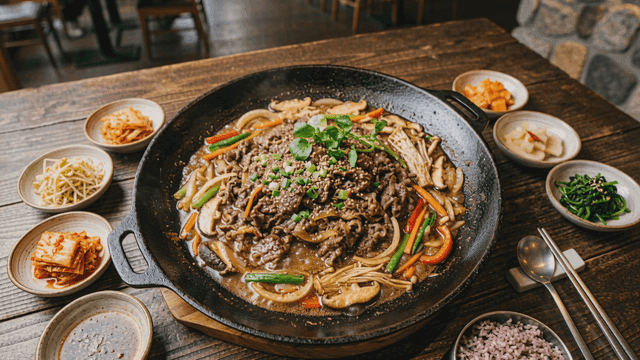Beef bulgogi and side dishes on table