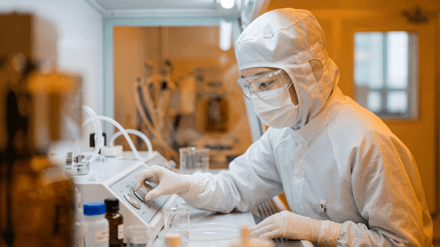 Scientists wearing dustproof suits in cleanroom laboratory