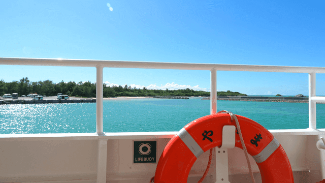 View from a ferry with a lifebuoy and sea