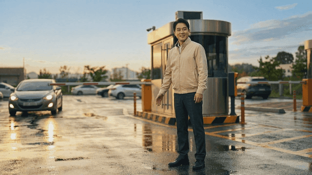 Security guard greeting cars in parking lot