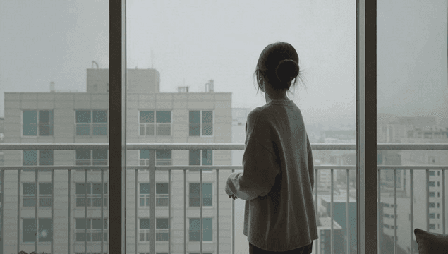 발코니에서 밖을 바라보는 마스크 쓴 여성