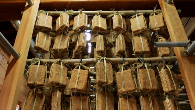 Traditional fermented soybean lumps being dried indoors