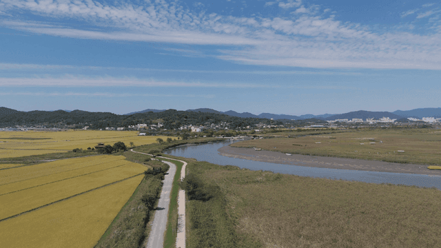 Expansive farmland with a winding river