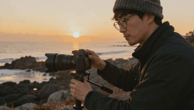 Photographer capturing sunset by the sea